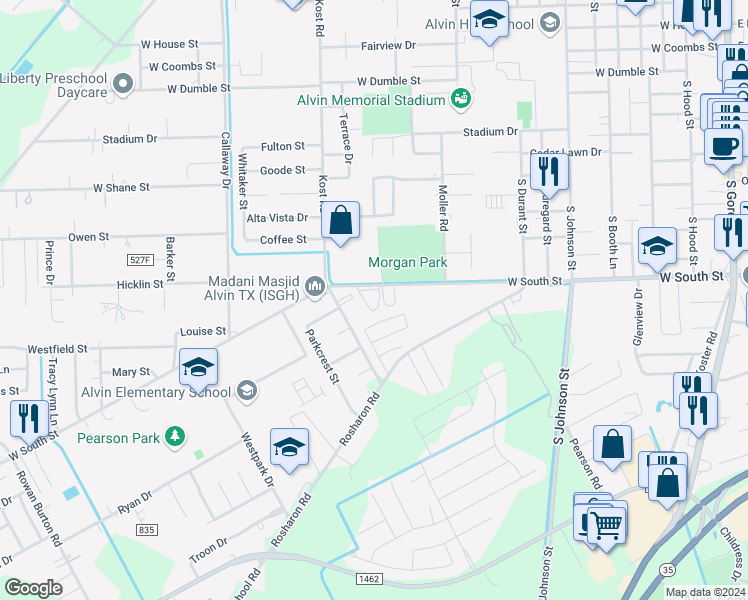 map of restaurants, bars, coffee shops, grocery stores, and more near 1550 West South Street in Alvin