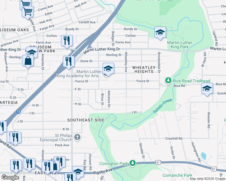 map of restaurants, bars, coffee shops, grocery stores, and more near 902 Yucca Street in San Antonio