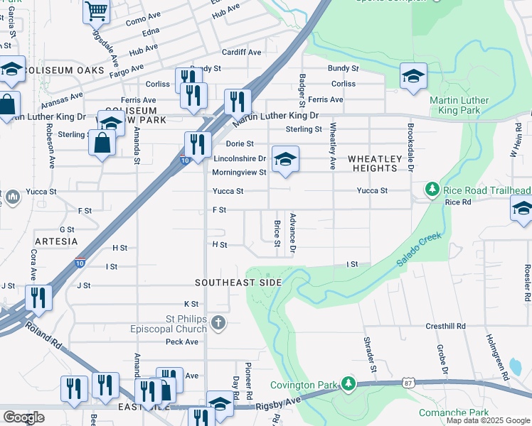 map of restaurants, bars, coffee shops, grocery stores, and more near 911 F Street in San Antonio