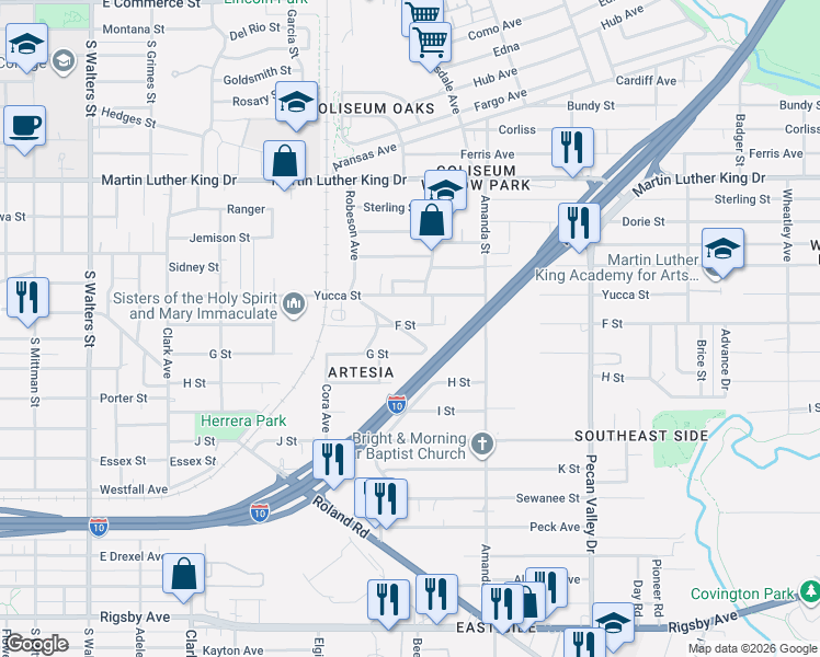map of restaurants, bars, coffee shops, grocery stores, and more near 530 Yucca Street in San Antonio