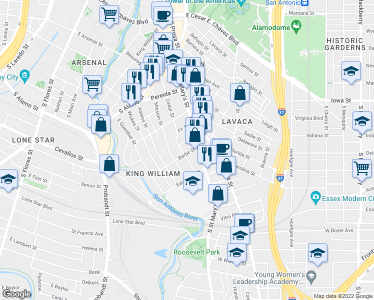 map of restaurants, bars, coffee shops, grocery stores, and more near 227 Claudia Street in San Antonio