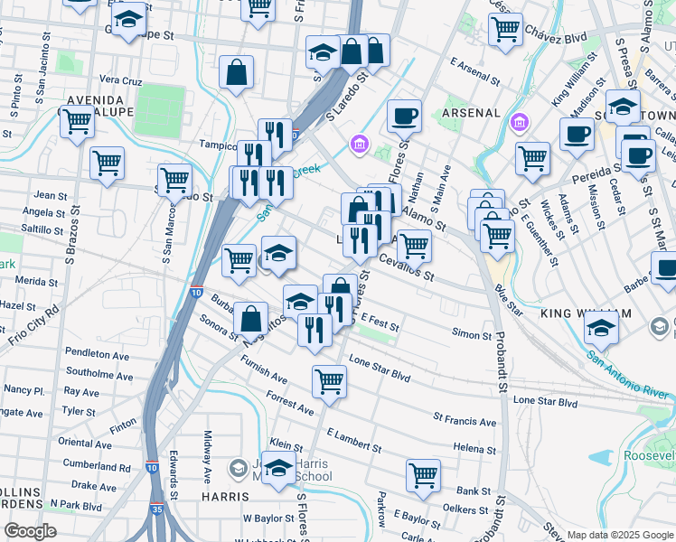 map of restaurants, bars, coffee shops, grocery stores, and more near 231 Keller in San Antonio