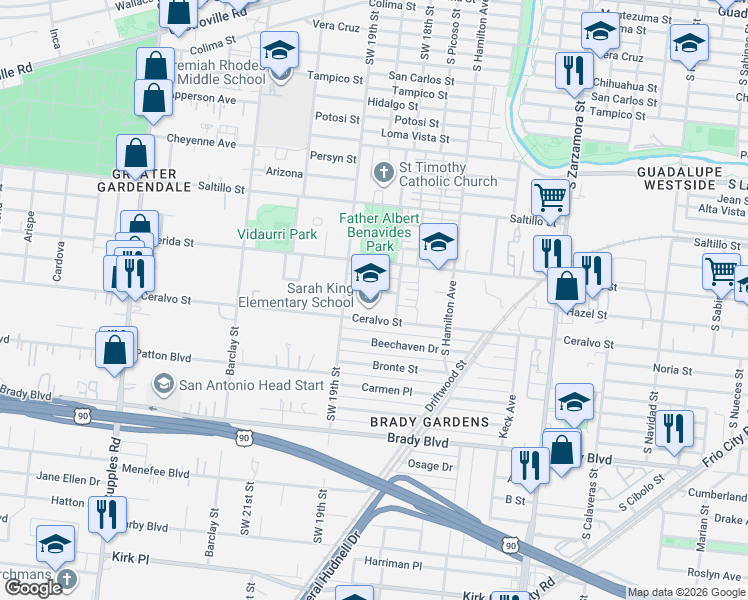 map of restaurants, bars, coffee shops, grocery stores, and more near 1035 Hazel Street in San Antonio