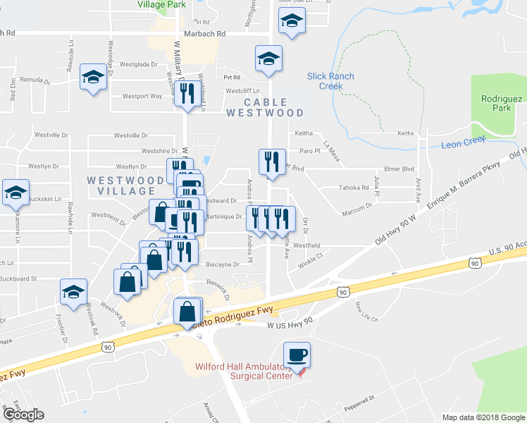 map of restaurants, bars, coffee shops, grocery stores, and more near 2214 Andros Place in San Antonio