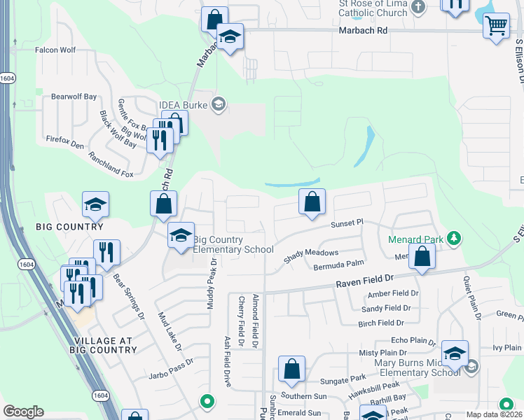 map of restaurants, bars, coffee shops, grocery stores, and more near 10187 Bastrop Creek in San Antonio