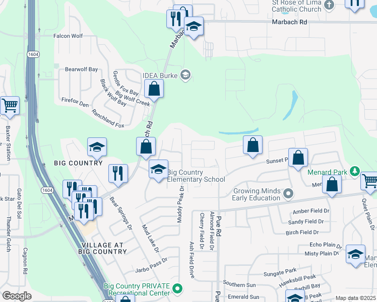 map of restaurants, bars, coffee shops, grocery stores, and more near 1934 Muddy Peak Drive in San Antonio