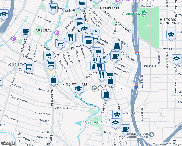 map of restaurants, bars, coffee shops, grocery stores, and more near 227 Claudia Street in San Antonio