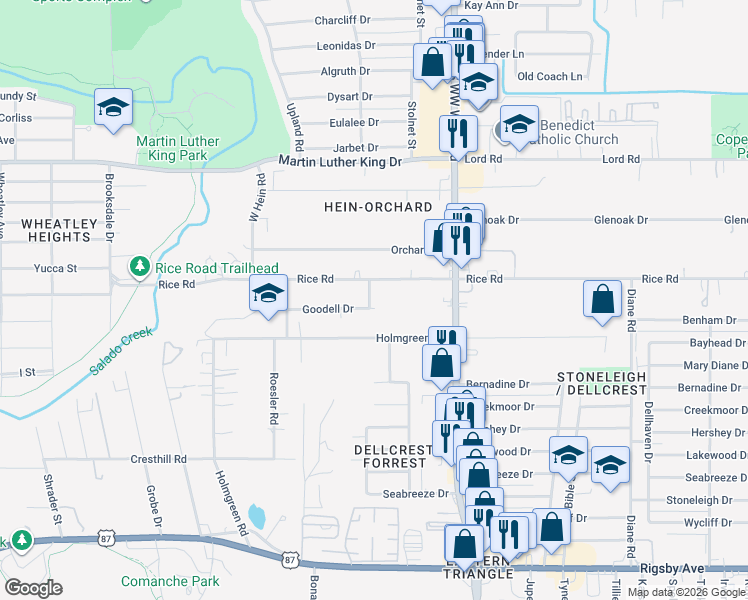 map of restaurants, bars, coffee shops, grocery stores, and more near 634 Rice Road in San Antonio