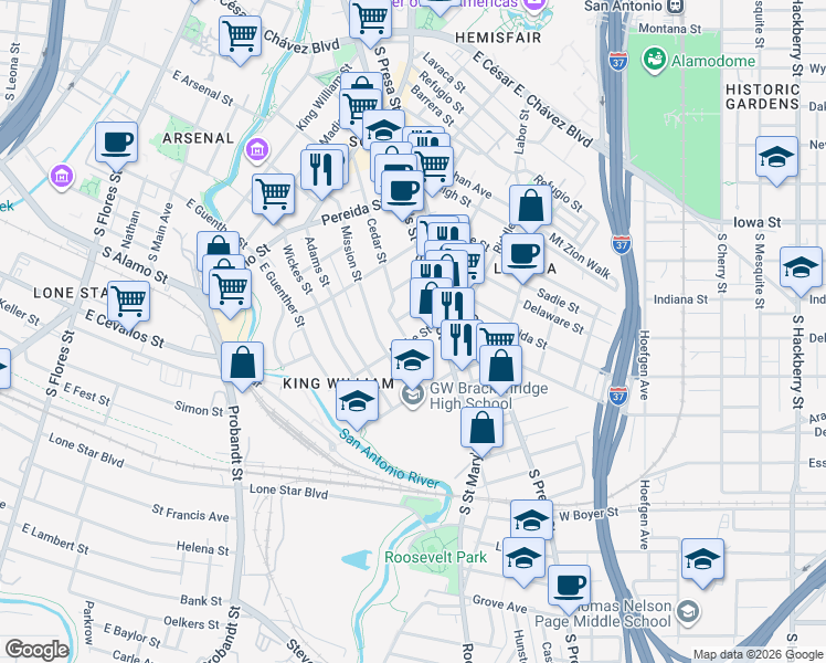 map of restaurants, bars, coffee shops, grocery stores, and more near 227 Claudia Street in San Antonio