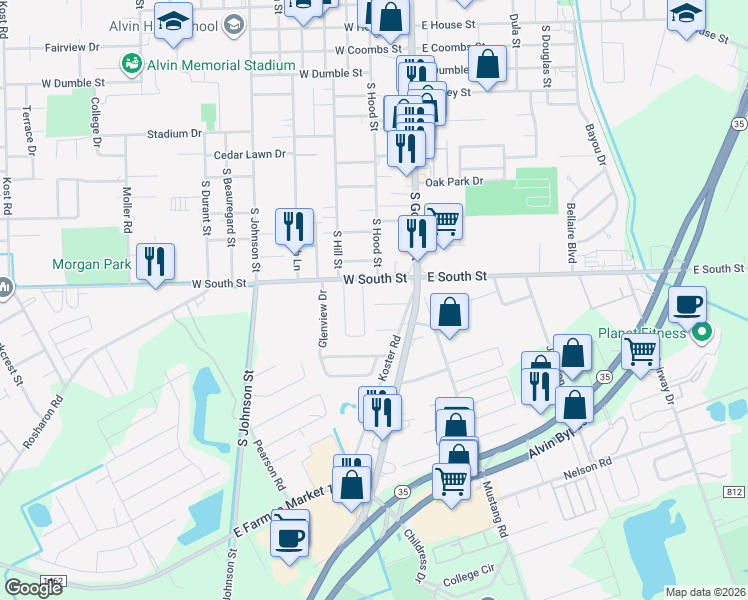 map of restaurants, bars, coffee shops, grocery stores, and more near 227 West South Street in Alvin
