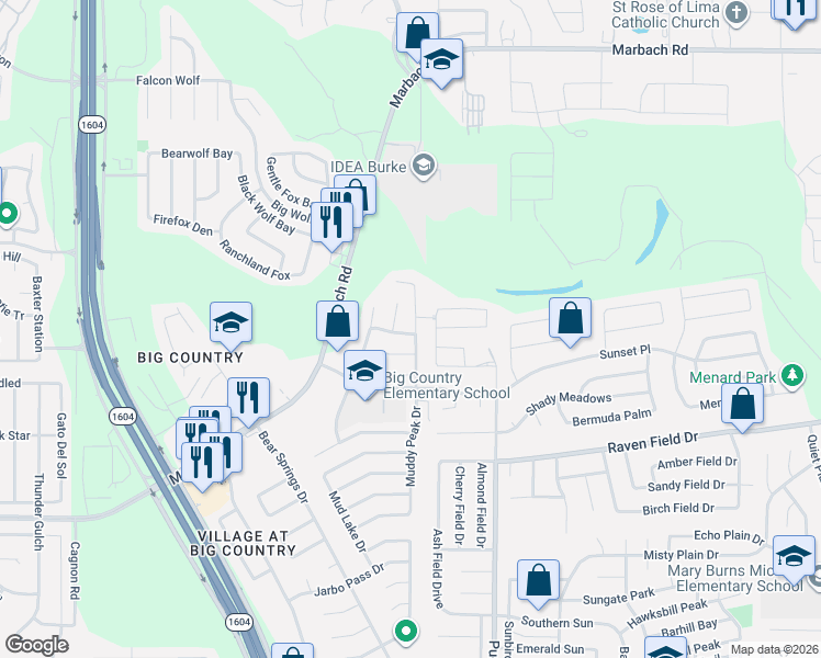 map of restaurants, bars, coffee shops, grocery stores, and more near 1934 Muddy Peak Drive in San Antonio