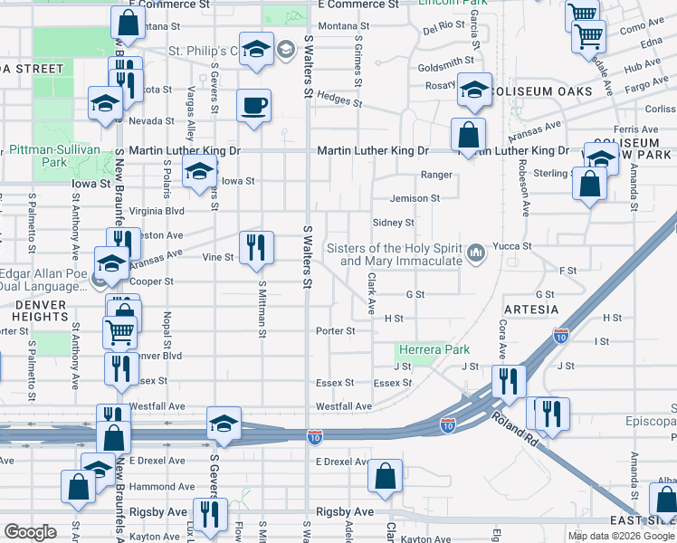 map of restaurants, bars, coffee shops, grocery stores, and more near 114 Beltran Street in San Antonio
