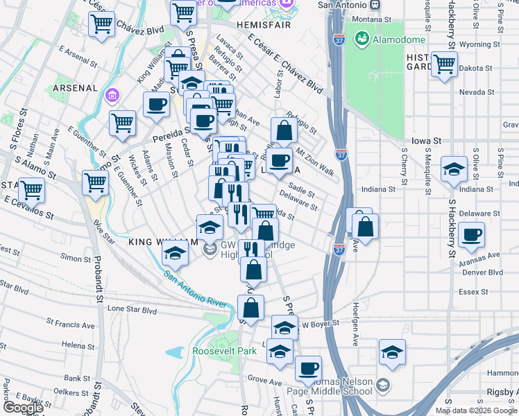 map of restaurants, bars, coffee shops, grocery stores, and more near 214 Vance Street in San Antonio