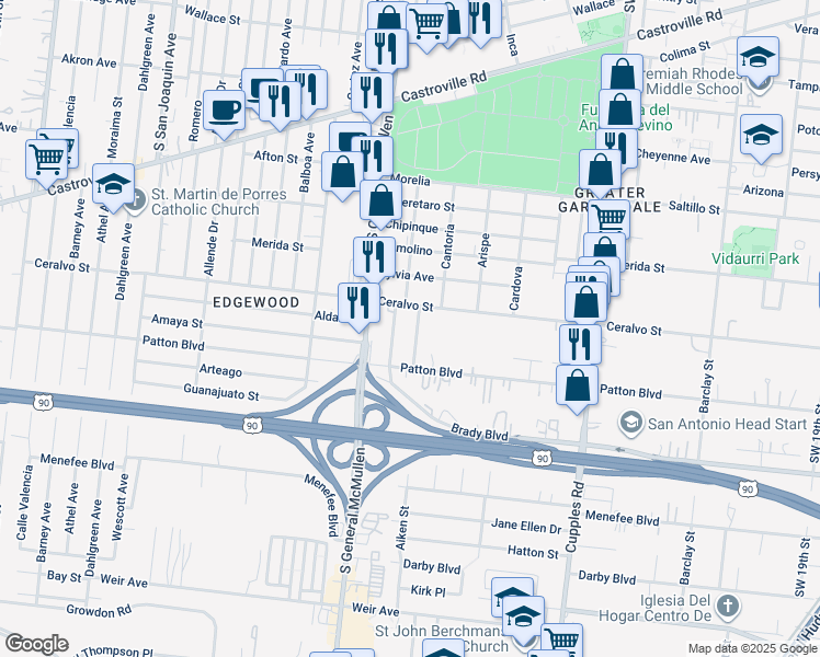 map of restaurants, bars, coffee shops, grocery stores, and more near 1814 Ceralvo Street in San Antonio