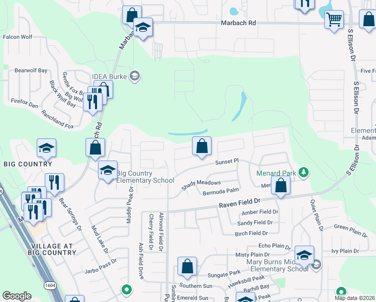 map of restaurants, bars, coffee shops, grocery stores, and more near 10159 Bastrop Creek in San Antonio