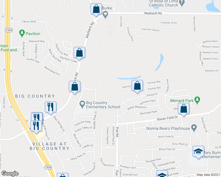 map of restaurants, bars, coffee shops, grocery stores, and more near 2403 Pue Road in San Antonio