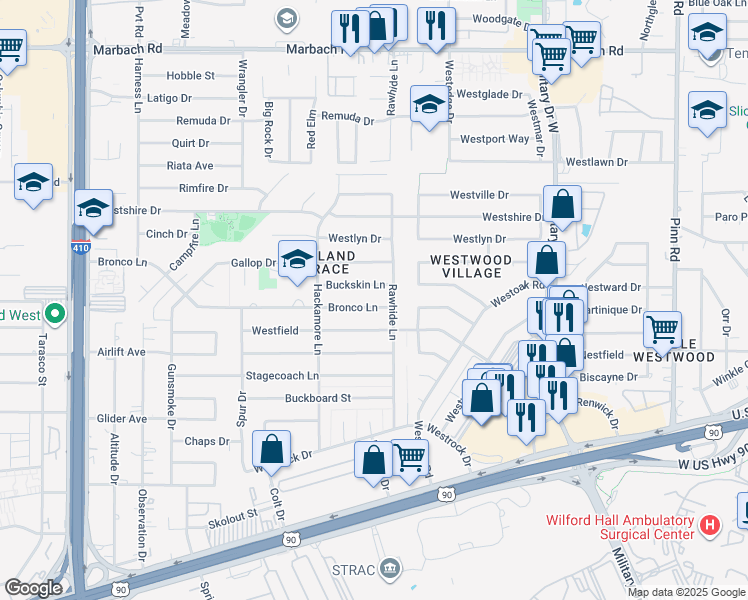 map of restaurants, bars, coffee shops, grocery stores, and more near 7414 Buckskin in San Antonio