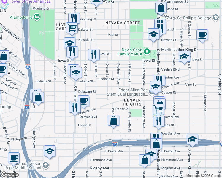 map of restaurants, bars, coffee shops, grocery stores, and more near 225 Utah Street in San Antonio