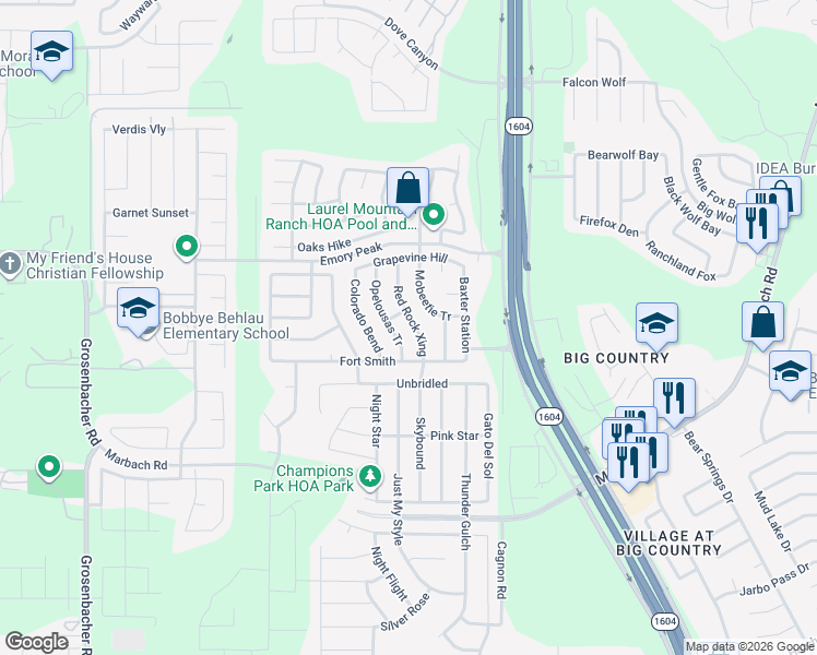 map of restaurants, bars, coffee shops, grocery stores, and more near 2219 Mobeetie Tr in San Antonio