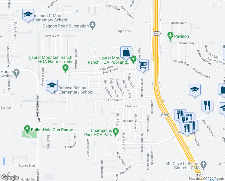 map of restaurants, bars, coffee shops, grocery stores, and more near 2223 Colorado Bend in San Antonio