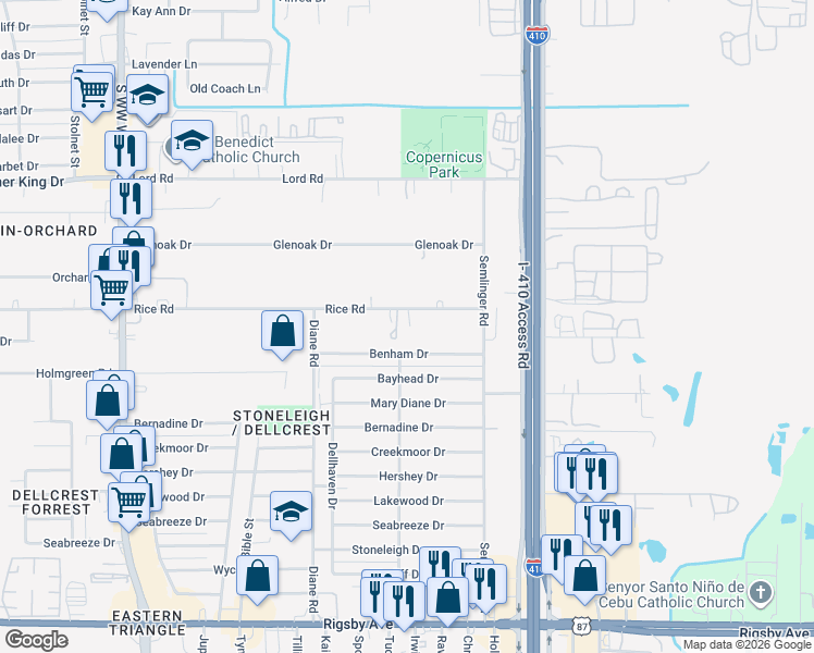 map of restaurants, bars, coffee shops, grocery stores, and more near 1264 Rice Road in San Antonio