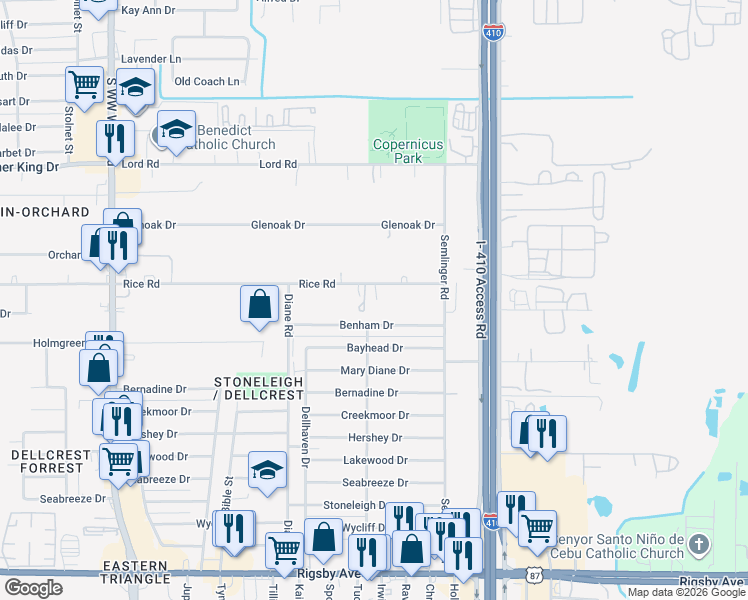 map of restaurants, bars, coffee shops, grocery stores, and more near 1264 Rice Road in San Antonio