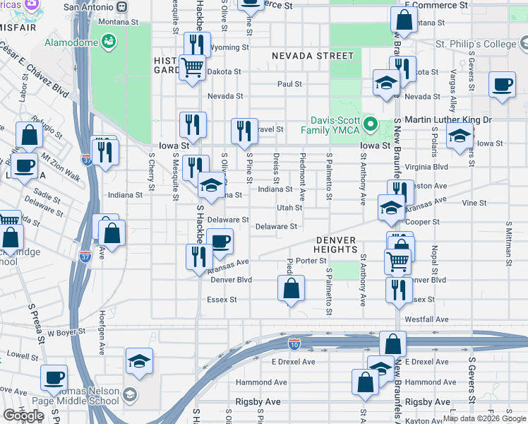 map of restaurants, bars, coffee shops, grocery stores, and more near 129 Utah Street in San Antonio