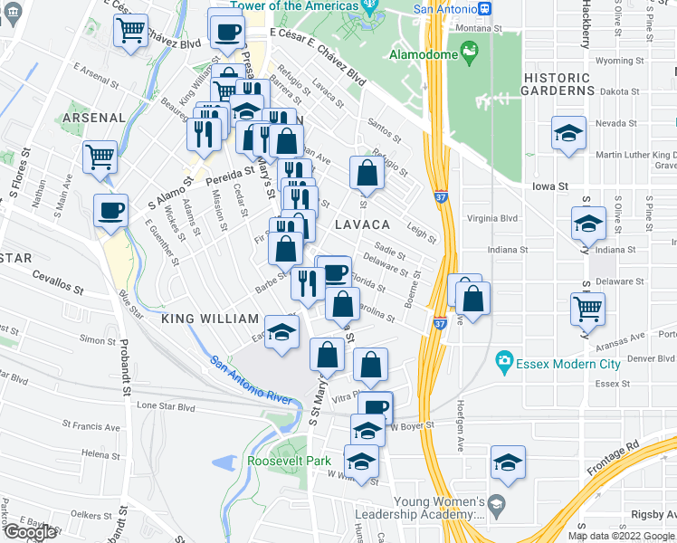map of restaurants, bars, coffee shops, grocery stores, and more near 214 Vance Street in San Antonio