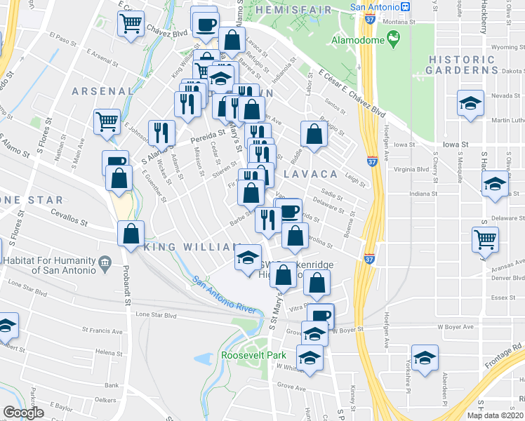 map of restaurants, bars, coffee shops, grocery stores, and more near 1318 South Saint Mary's Street in San Antonio