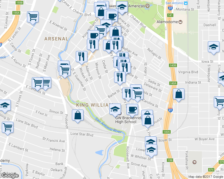map of restaurants, bars, coffee shops, grocery stores, and more near 227 Claudia Street in San Antonio