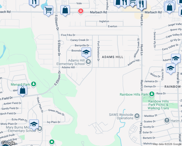 map of restaurants, bars, coffee shops, grocery stores, and more near 2100 Mossy Creek Drive in San Antonio