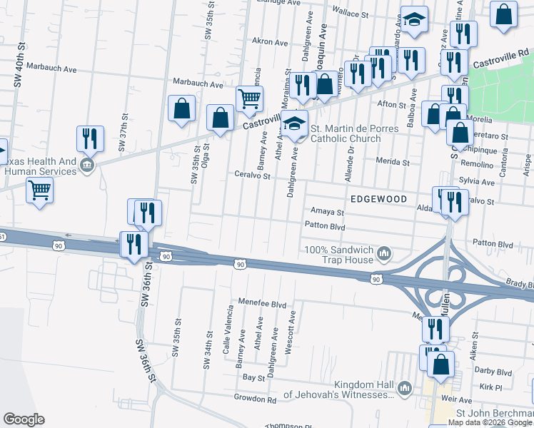 map of restaurants, bars, coffee shops, grocery stores, and more near 2011 Athel Avenue in San Antonio