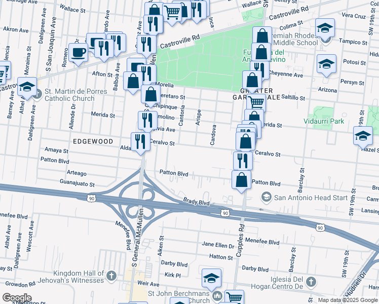 map of restaurants, bars, coffee shops, grocery stores, and more near 1716 Ceralvo Street in San Antonio