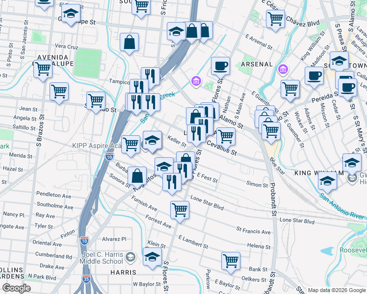 map of restaurants, bars, coffee shops, grocery stores, and more near 231 Keller in San Antonio