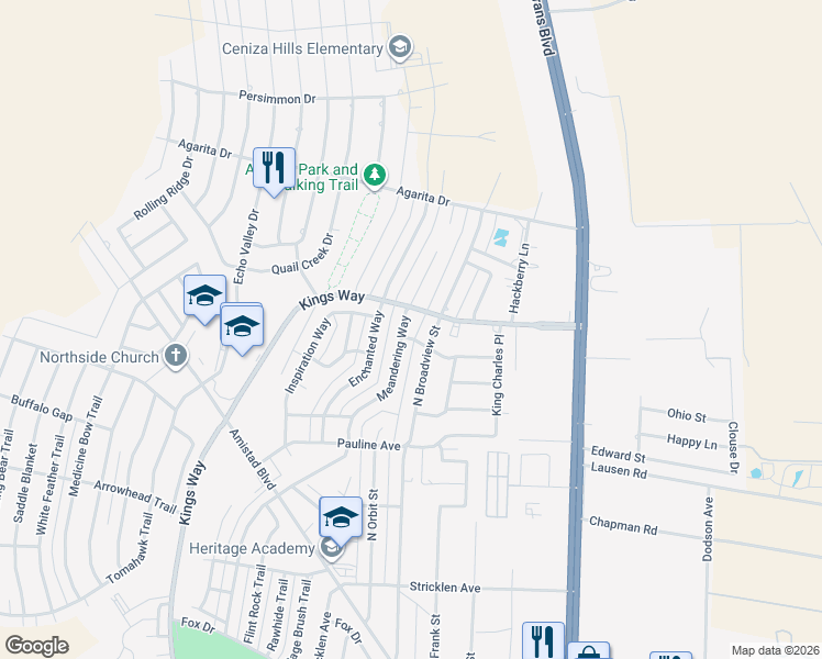 map of restaurants, bars, coffee shops, grocery stores, and more near 325 Meandering Way in Del Rio