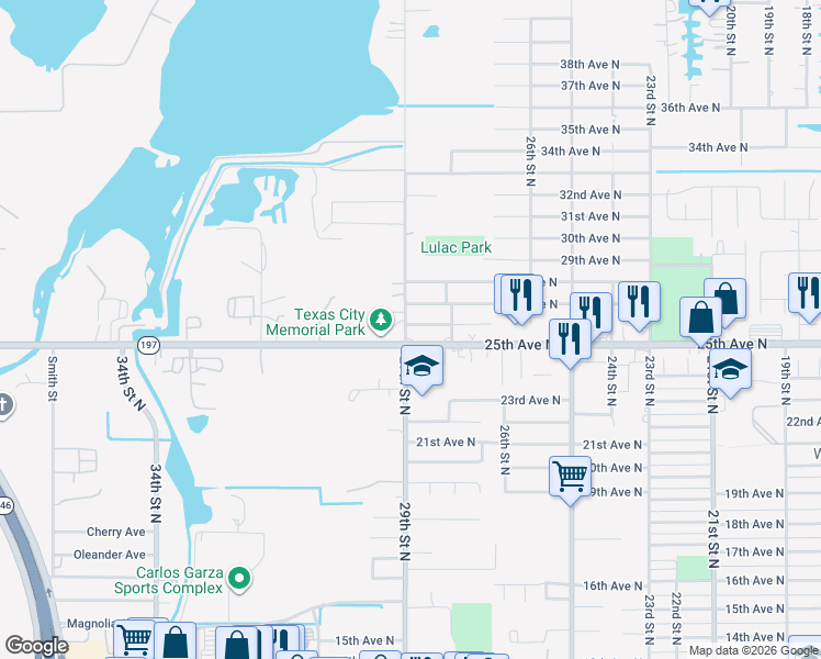 map of restaurants, bars, coffee shops, grocery stores, and more near 2818 26th Avenue North in Texas City