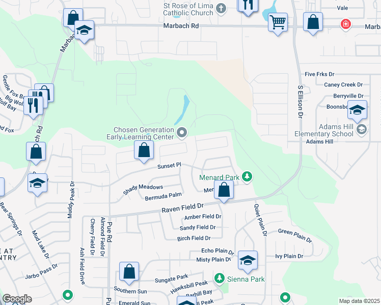 map of restaurants, bars, coffee shops, grocery stores, and more near 9879 Highland Creek in San Antonio