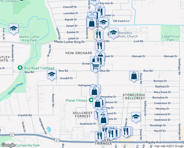 map of restaurants, bars, coffee shops, grocery stores, and more near 748 Rice Road in San Antonio