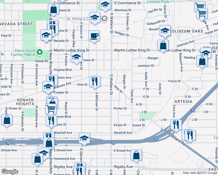 map of restaurants, bars, coffee shops, grocery stores, and more near 347 Vine Street in San Antonio