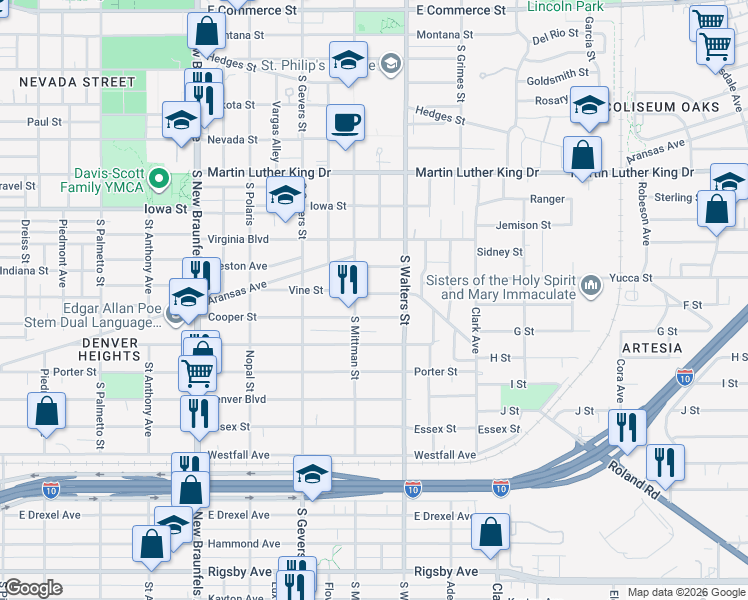 map of restaurants, bars, coffee shops, grocery stores, and more near 311 Vine Street in San Antonio
