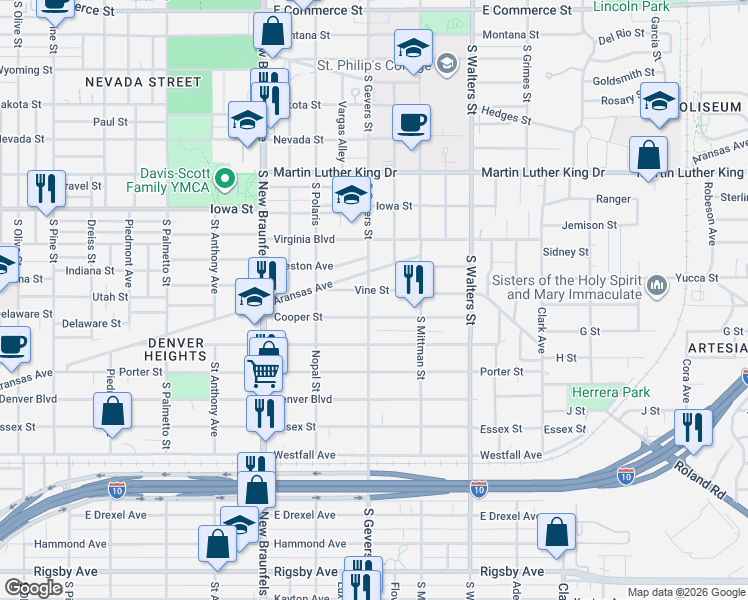 map of restaurants, bars, coffee shops, grocery stores, and more near 139 Vine Street in San Antonio