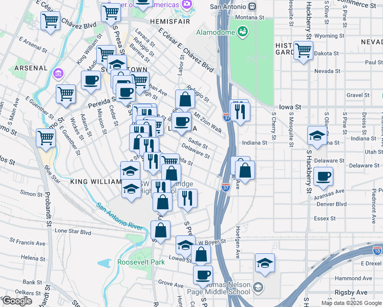 map of restaurants, bars, coffee shops, grocery stores, and more near 201 Delaware Street in San Antonio