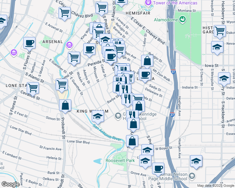 map of restaurants, bars, coffee shops, grocery stores, and more near 1318 South Saint Mary's Street in San Antonio