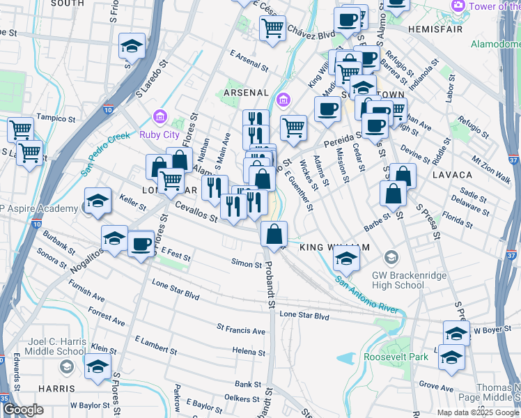 map of restaurants, bars, coffee shops, grocery stores, and more near 117 Blue Star in San Antonio
