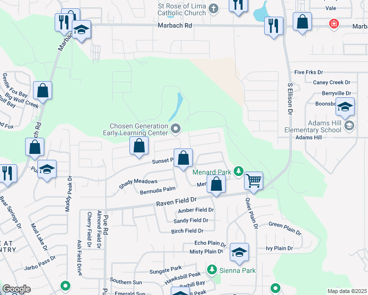 map of restaurants, bars, coffee shops, grocery stores, and more near 9879 Highland Creek in San Antonio