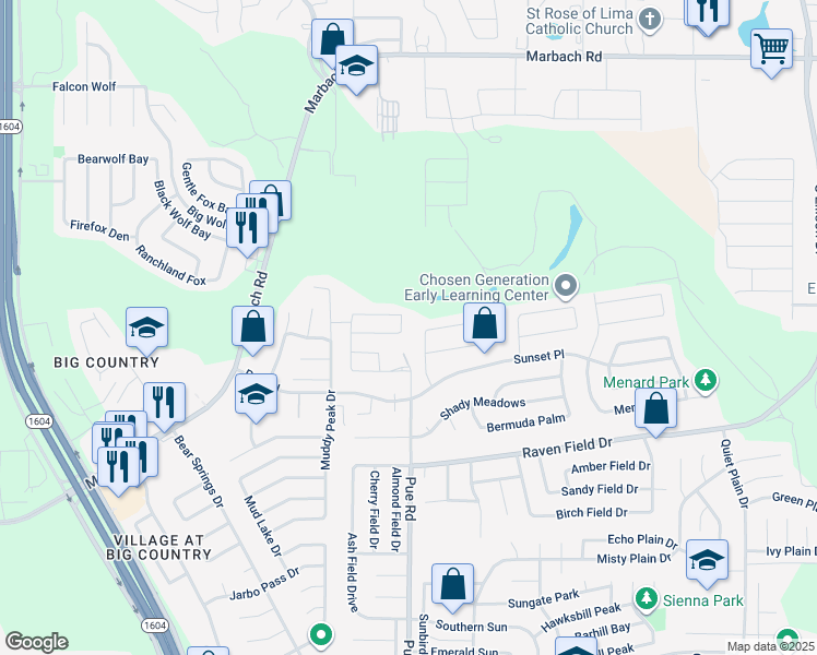 map of restaurants, bars, coffee shops, grocery stores, and more near 10187 Bastrop Creek in San Antonio