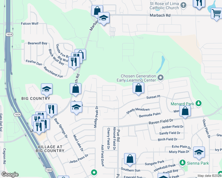 map of restaurants, bars, coffee shops, grocery stores, and more near 2403 Pue Road in San Antonio