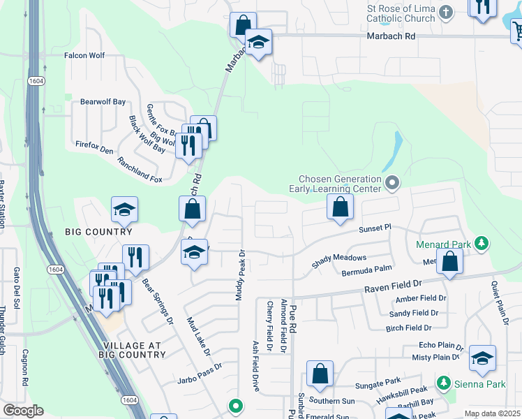 map of restaurants, bars, coffee shops, grocery stores, and more near 2403 Pue Road in San Antonio