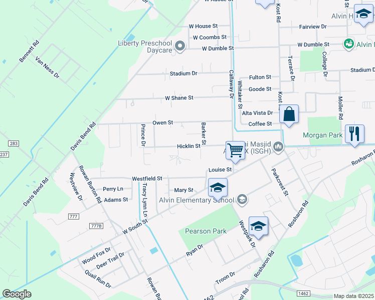map of restaurants, bars, coffee shops, grocery stores, and more near 2475 County Road 527H in Alvin