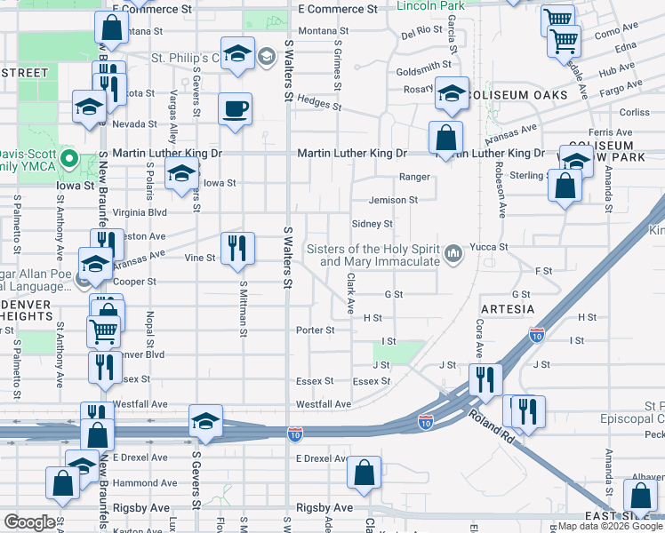 map of restaurants, bars, coffee shops, grocery stores, and more near 511 Clark Avenue in San Antonio
